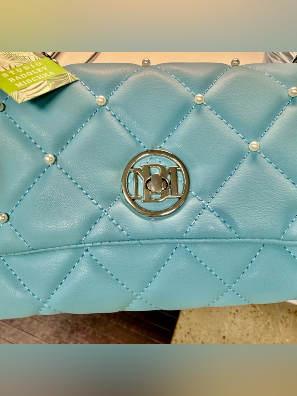 Badgley Mischka Quilted Pearl-Embellished Shoulder Bag - Light Blue. NWT - Picture 3 of 6